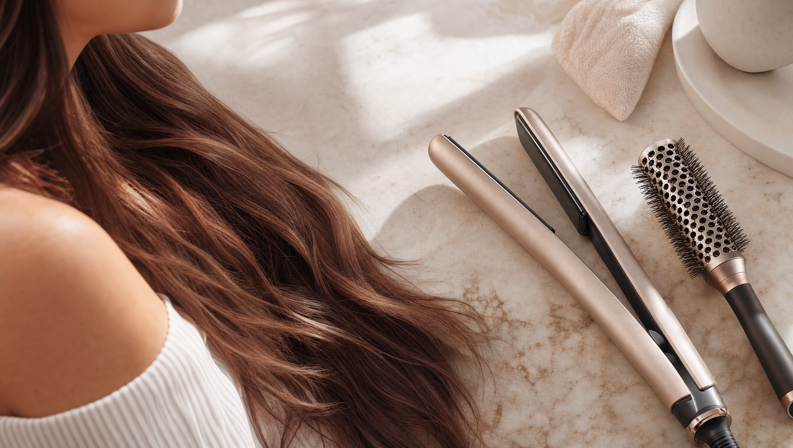 Premium hair straightener and round brush styling tools beside healthy hair