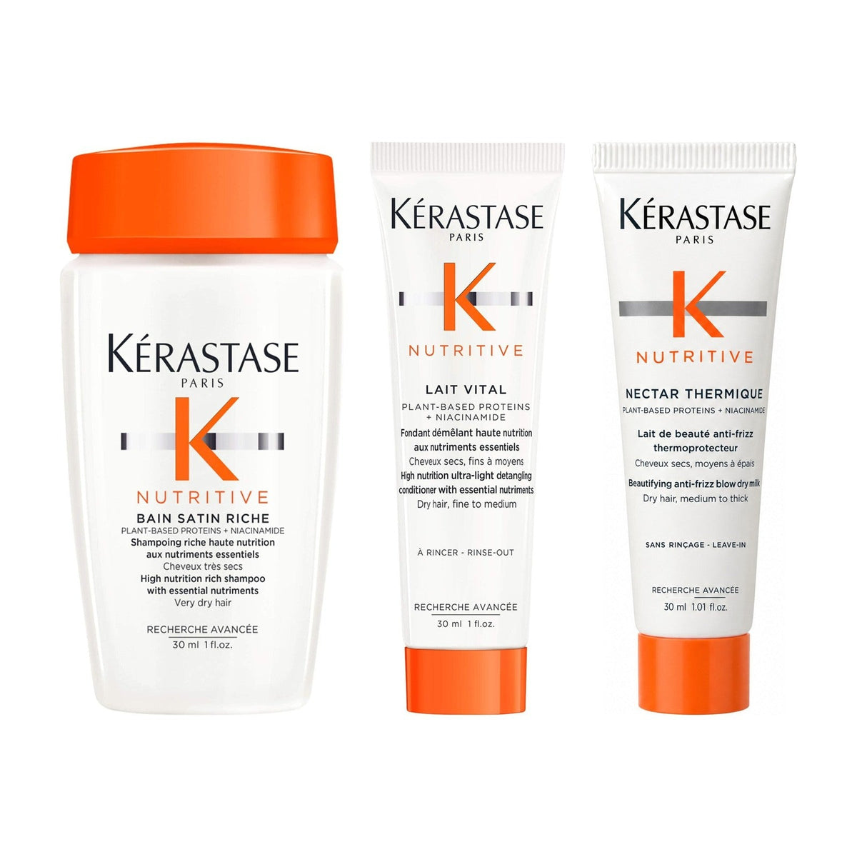Kérastase Nutritive travel trio — Bain Satin Riche, Lait Vital and Nectar Thermique 30ml