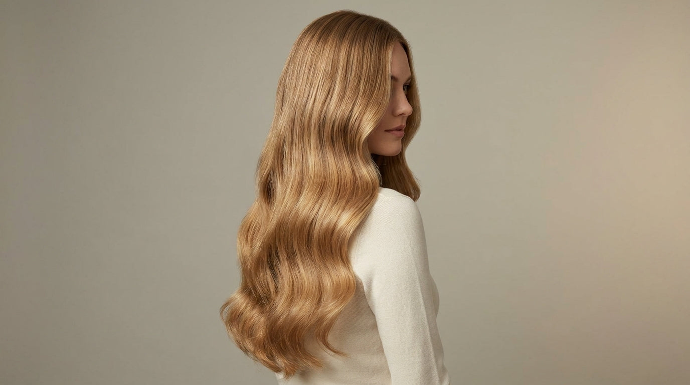 Long glossy honey-blonde hair with extensions, side profile editorial - UKIYO Wanaka