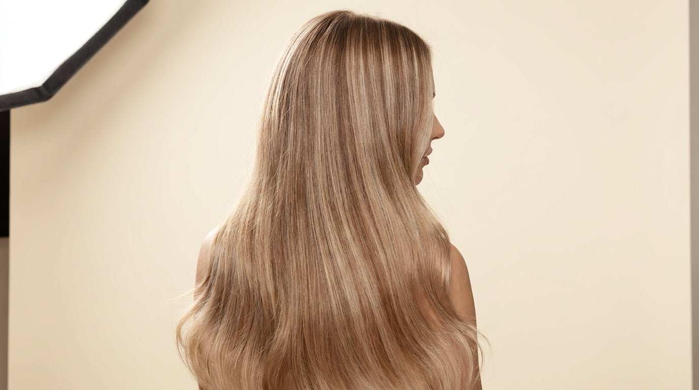 Long multi-tonal blonde hair extensions blended seamlessly, back view editorial - UKIYO Wanaka