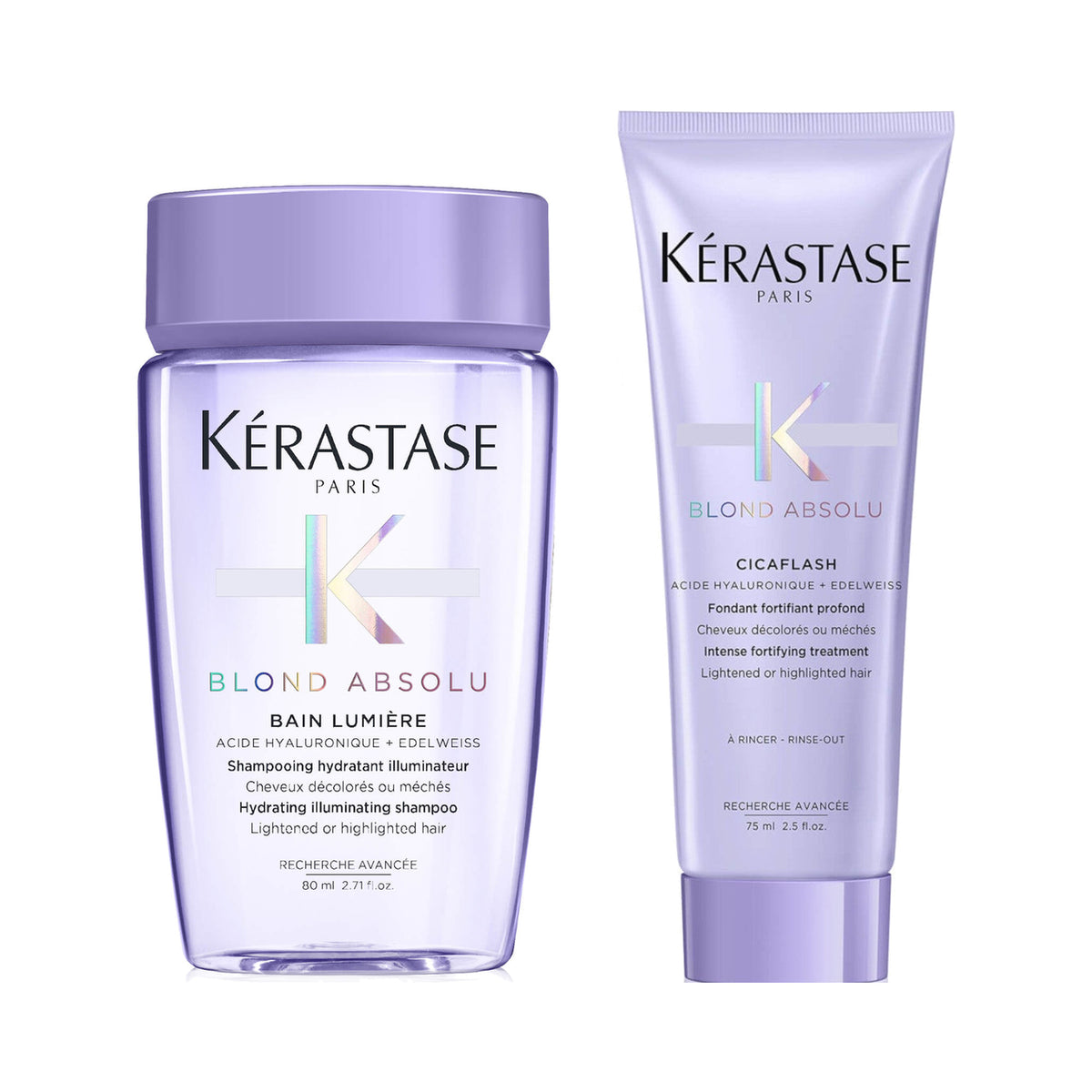 Kérastase Blond Absolu travel duo — Bain Lumière 30ml shampoo and Cicaflash 30ml conditioner