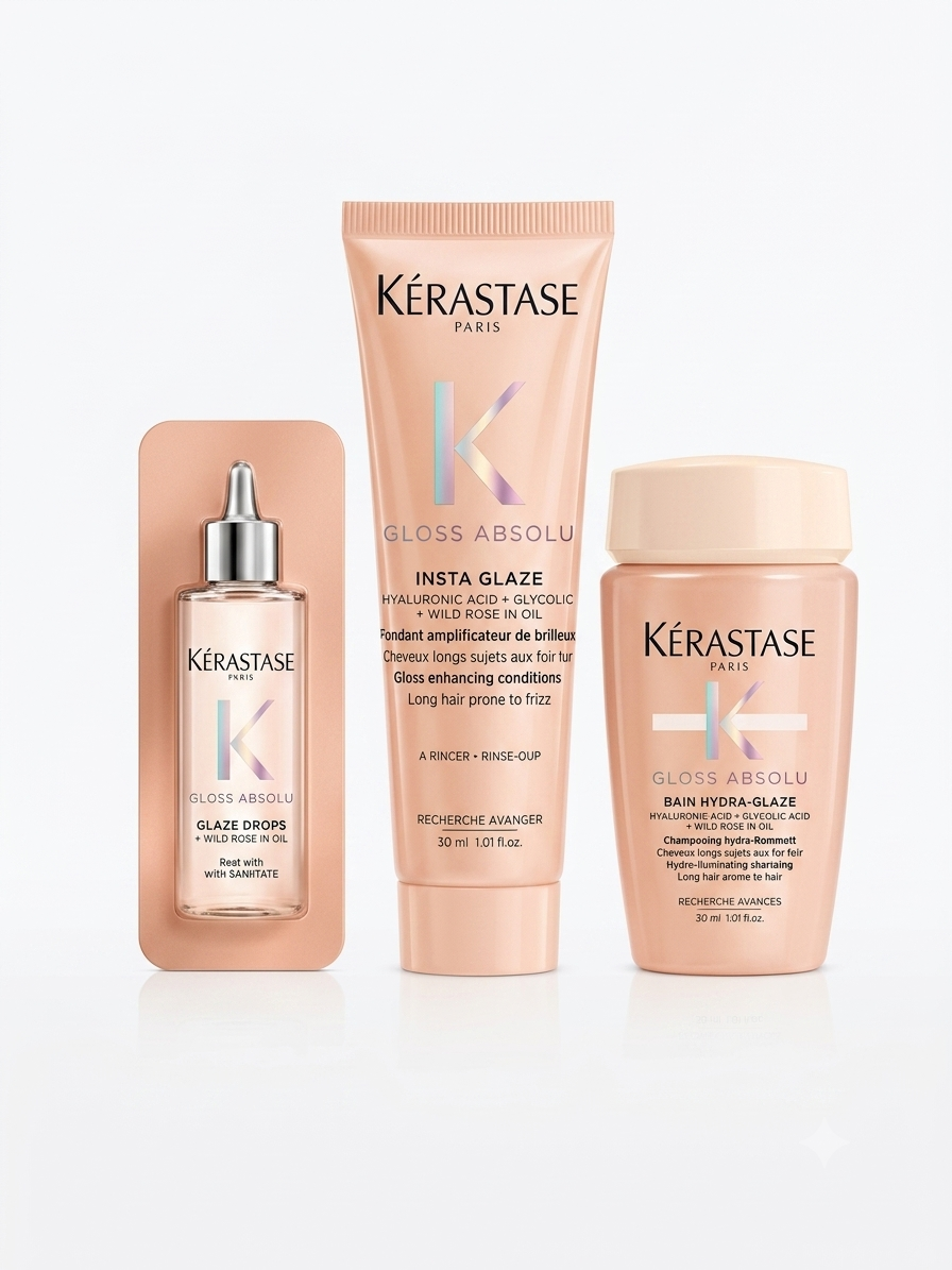 Kérastase Gloss Absolu travel trio — Bain Hydra-Glaze, Insta Glaze and Glaze Drops