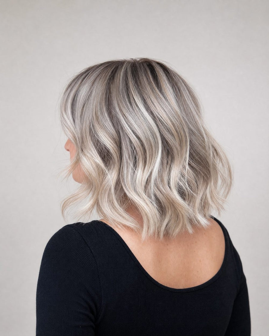 Bright icy beige blonde textured bob