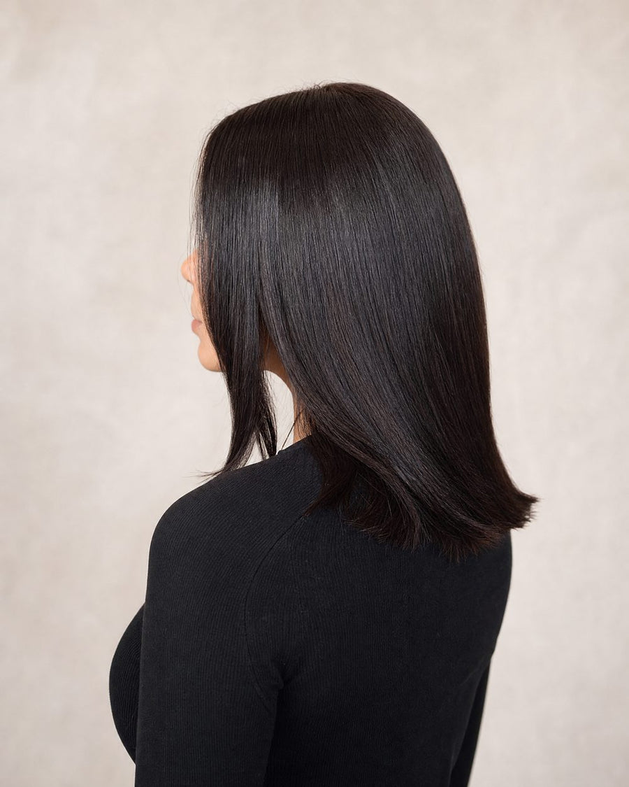 Glossy dark espresso brown with refreshed roots