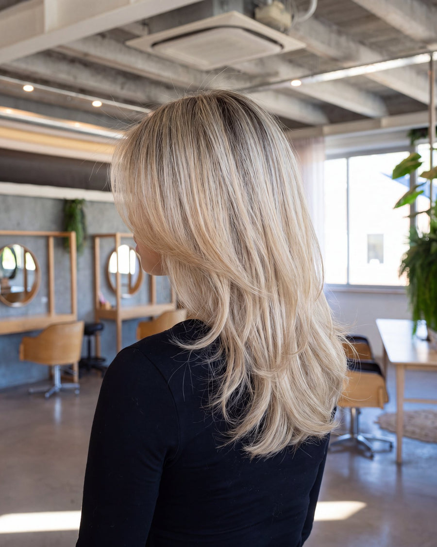 Rooted creamy blonde after a box dye colour correction, back view