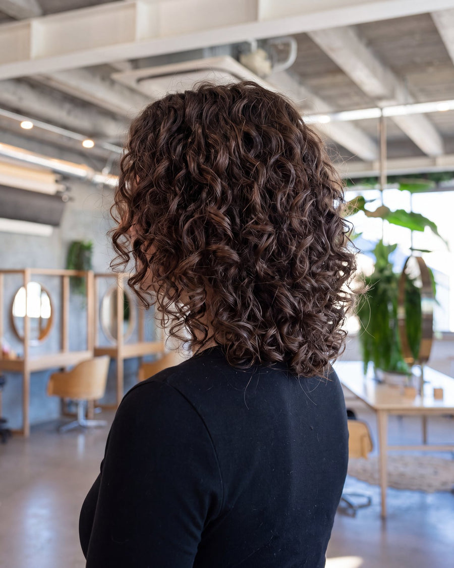 Defined dark curls in a rounded curly cut